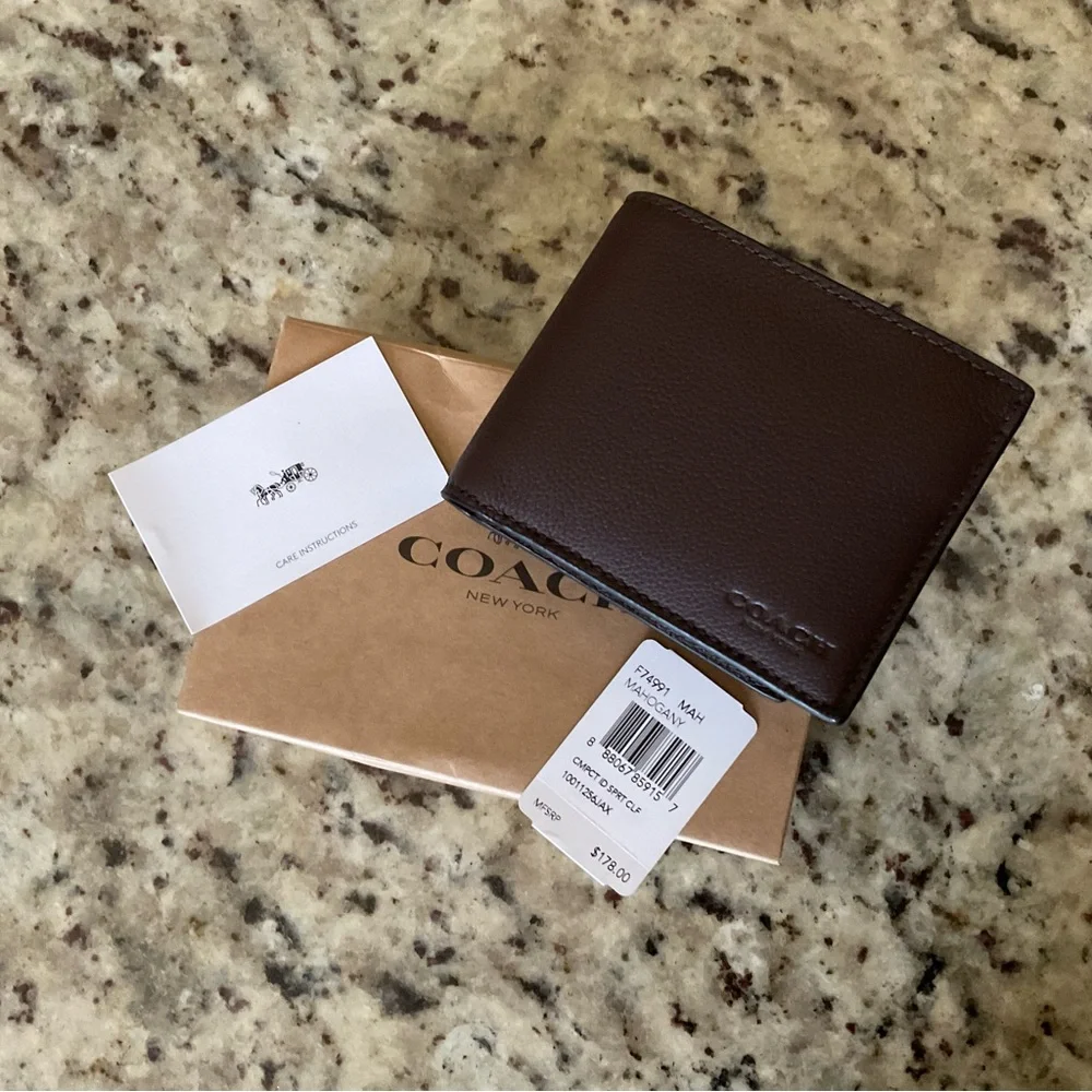 NWT Coach Compact ID Sport Calf Leather Mahogany F74991